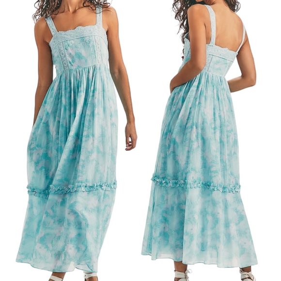 LoveShackFancy Dresses & Skirts - LoveShackFancy Ayala Maxi Dress in Aqua Sea Blue Pastel Watercolor Floral Print